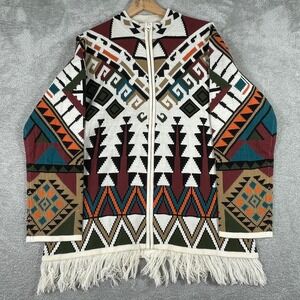 Collections Etc Southwestern Knit Zip Cardigan Jacket Womens Large Fringe Hem